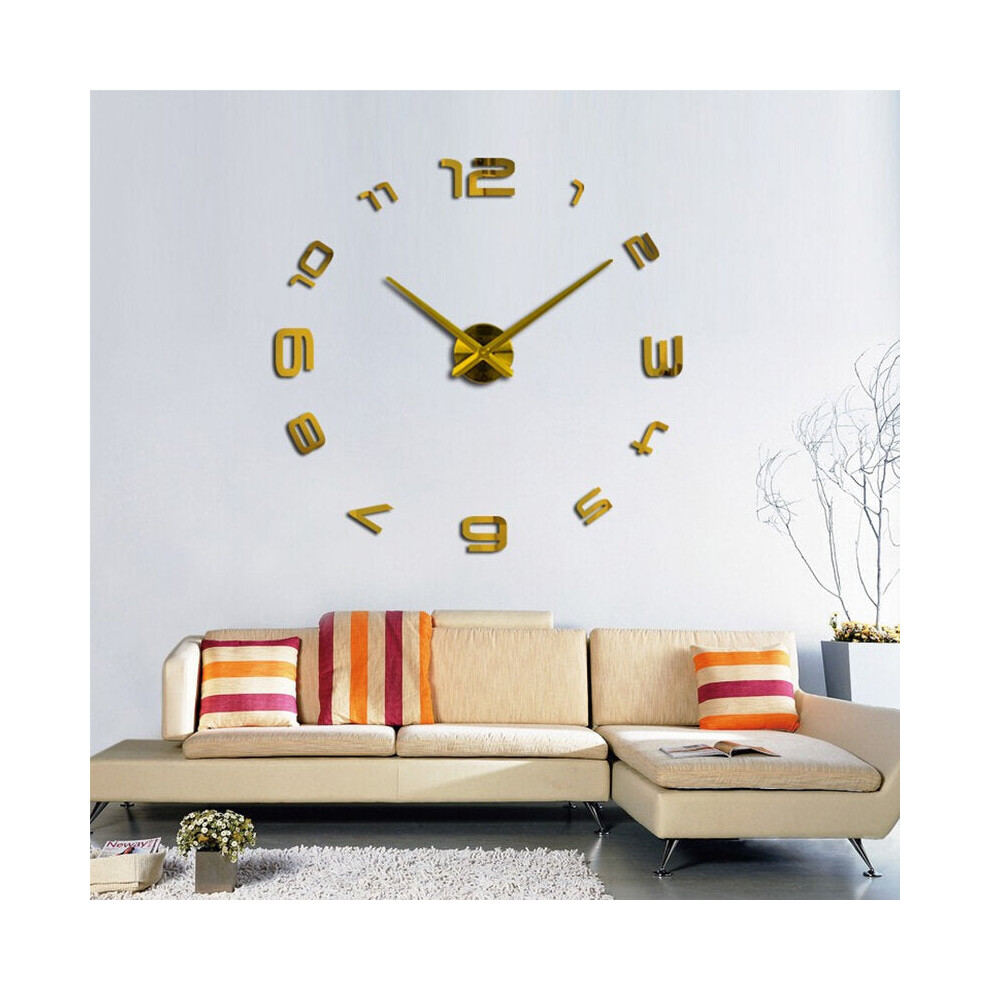 (Gold) Large DIY 3D Wall Clock Home Decor Mirror Sticker Art Decorative Clock