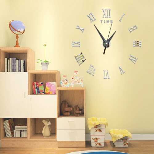 (Silver) Large 3D DIY Wall Clock Roman Numerals Clock Frameless Mirror Surface Wall Sticker Home Dcor for Li
