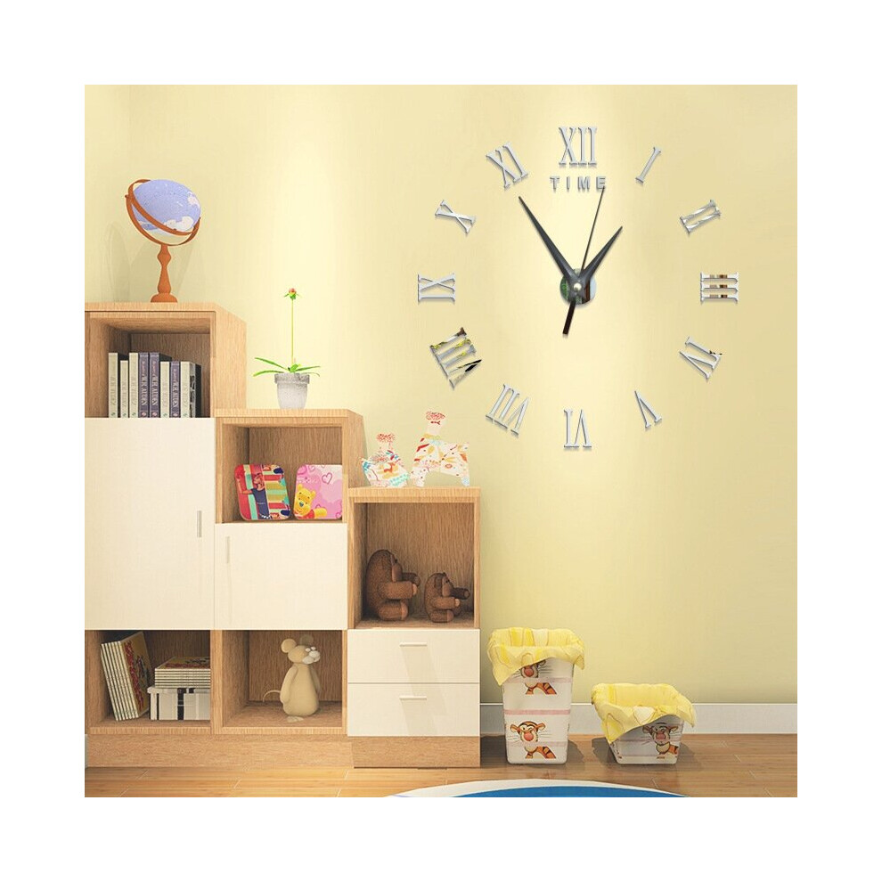 (Silver) Large 3D DIY Wall Clock Roman Numerals Clock Frameless Mirror Surface Wall Sticker Home Dcor for Li