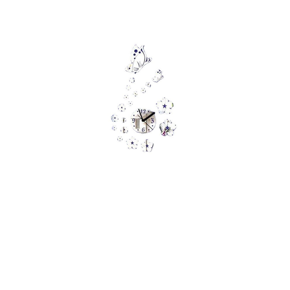 (Silver) Creative Butterfly 3D Acrylic Mirror Wall Sticker Quartz Clocks Watch Large Home Decor