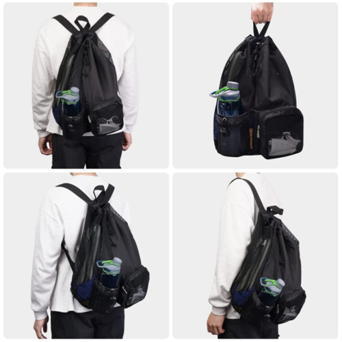 Swim Bag Mesh Drawstring Backpack for Swimming, Gym, Pool, Black 1