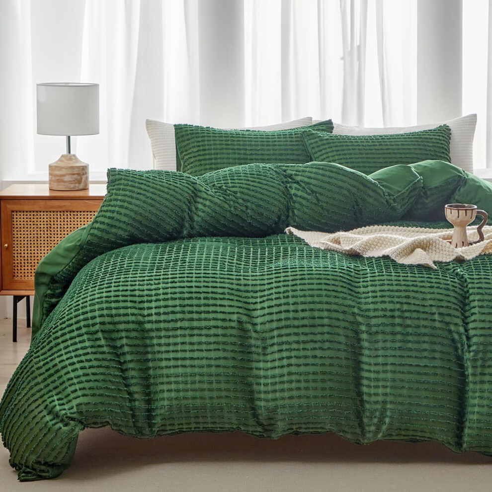 (Forest Green, King) WARMDERN Boho Duvet Cover Set Queen Size,Forest Green Striped Duvet Cover Microfiber Bedding Set,3PCS Ultra Soft Breathable Lightweight T...