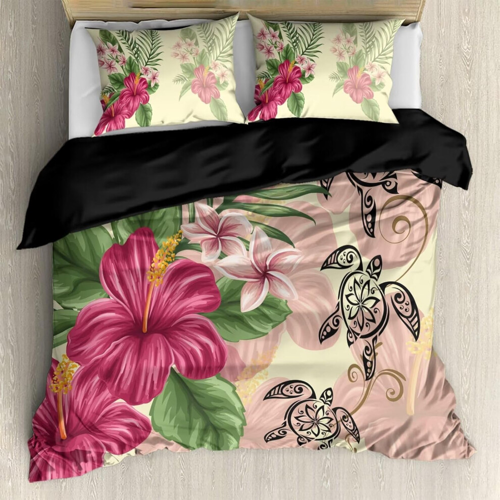(Polynesian Plumeria Floral & Turtle, Twin(68x88 Inch)) Gearider Pink Tropical Hibiscus Floral Printed Duvet Cover, Mandala Turtle Soft Bedding Set, 3 Pieces, Zipper Closure & 2 Pillow Shams - ...