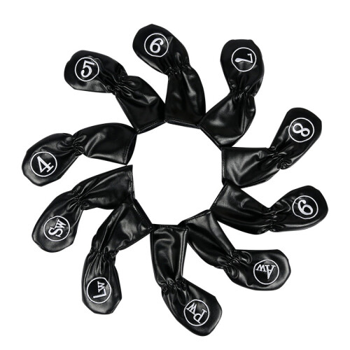 Capas para Cabeças de Ferro de Golfe em Couro, Conjunto de 10 Peças, Preto com Branco
