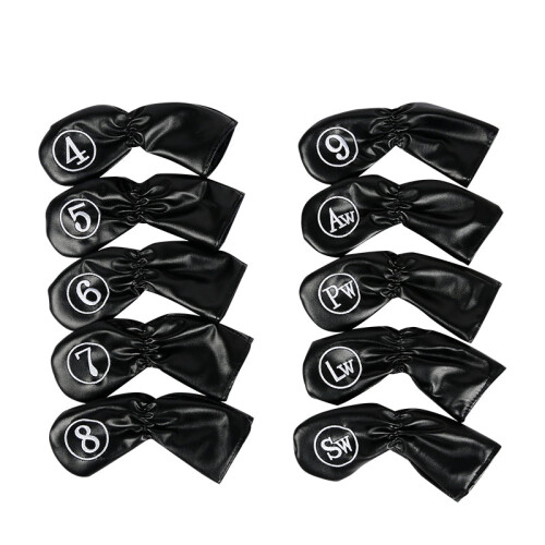 Capas para Cabeças de Ferro de Golfe em Couro, Conjunto de 10 Peças, Preto com Branco 1