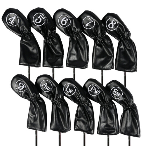 Capas para Cabeças de Ferro de Golfe em Couro, Conjunto de 10 Peças, Preto com Branco 2