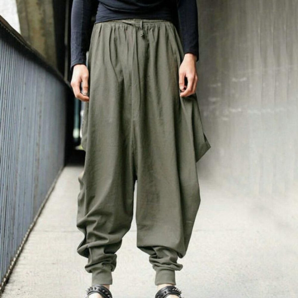 (army green, XXL) Mens Cotton Linen Harem Pants Baggy Pants Japanese Style Crotch Wide Leg Pants Casual Loose Trousers