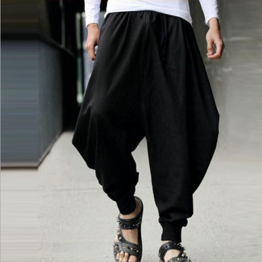 (black, XXXXL) Mens Cotton Linen Harem Pants Baggy Pants Japanese Style Crotch Wide Leg Pants Casual Loose Trousers