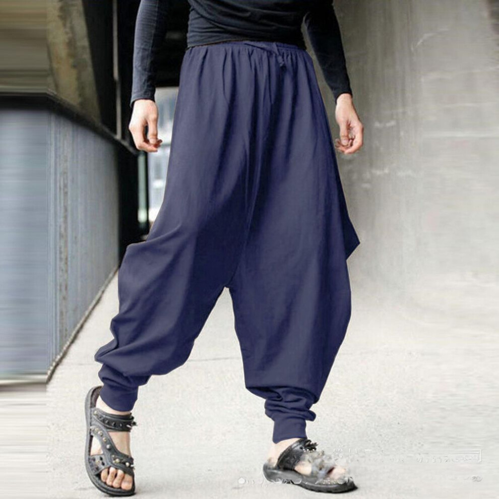 (navy blue, XXXL) Mens Cotton Linen Harem Pants Baggy Pants Japanese Style Crotch Wide Leg Pants Casual Loose Trousers