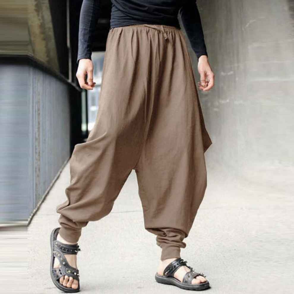(khaki, S) Mens Cotton Linen Harem Pants Baggy Pants Japanese Style Crotch Wide Leg Pants Casual Loose Trousers