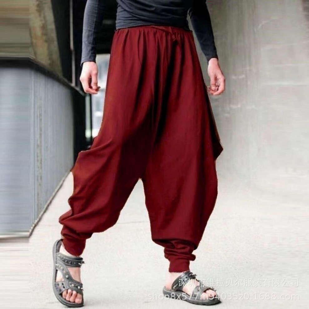 (red, XXXXXL) Mens Cotton Linen Harem Pants Baggy Pants Japanese Style Crotch Wide Leg Pants Casual Loose Trousers