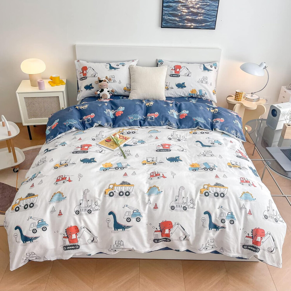 (Blue Dinosaur, Queen) Dinosaur Kids Duvet Cover Set Queen, 100% Cotton Dino Truck Car Bedding Set for Boys Girls, 3 Pieces Reversible Dinosaur Comforter Cover ...