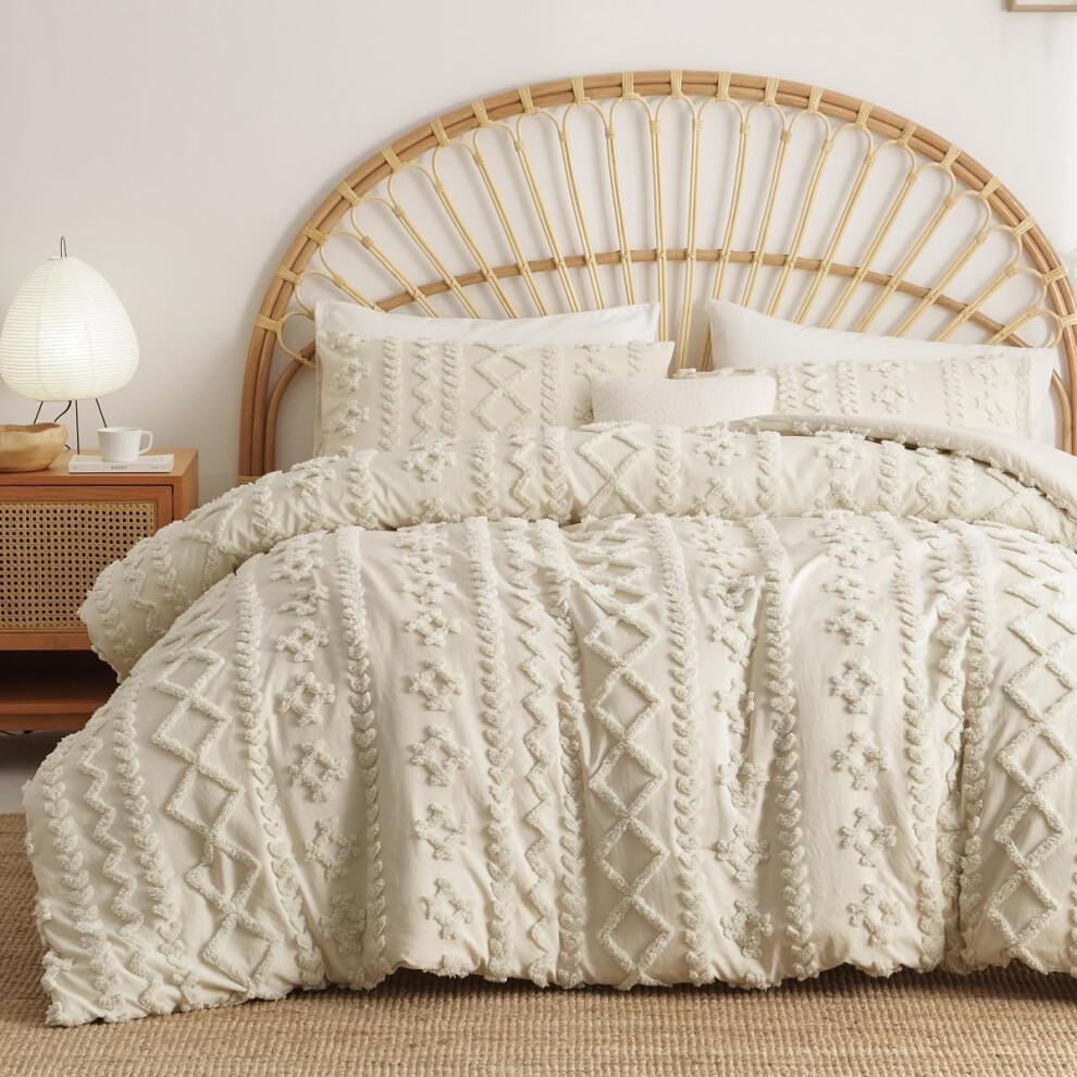 (Beige Striped, Queen(No Comforter)) Beige Duvet Cover Set Queen Size Tufted Bedding Set Boho Farmhouse Style,Shabby Chic Comforter Cover Striped Pattern with Zipper Closure ...