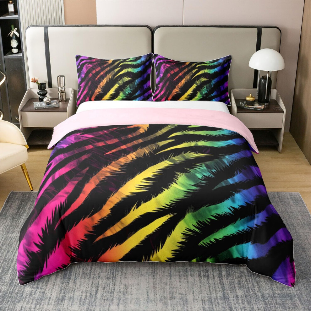(Blue Red Black, King) Loussiesd Zebra Bedding Set Double Animal Print 100% Cotton Duvet Cover for Boys Girls Teens Colorful Rainbow Comforter Cover Set Women M...