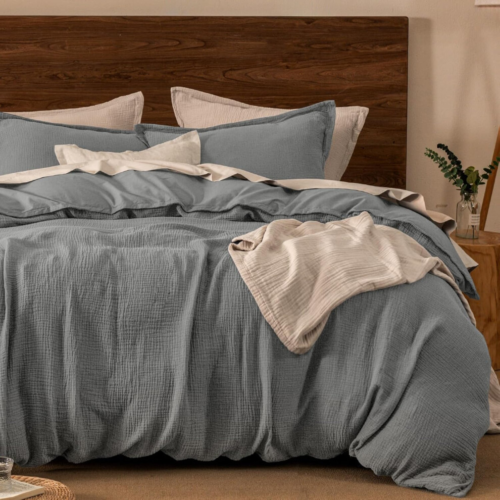 (Grey (No Comforter), King) PHF 100% Cotton Muslin Duvet Cover King Size, Ultra Soft Breathable Guaze Textured Linen Like, 3pcs Bedding Comforter Cover Set for All S...