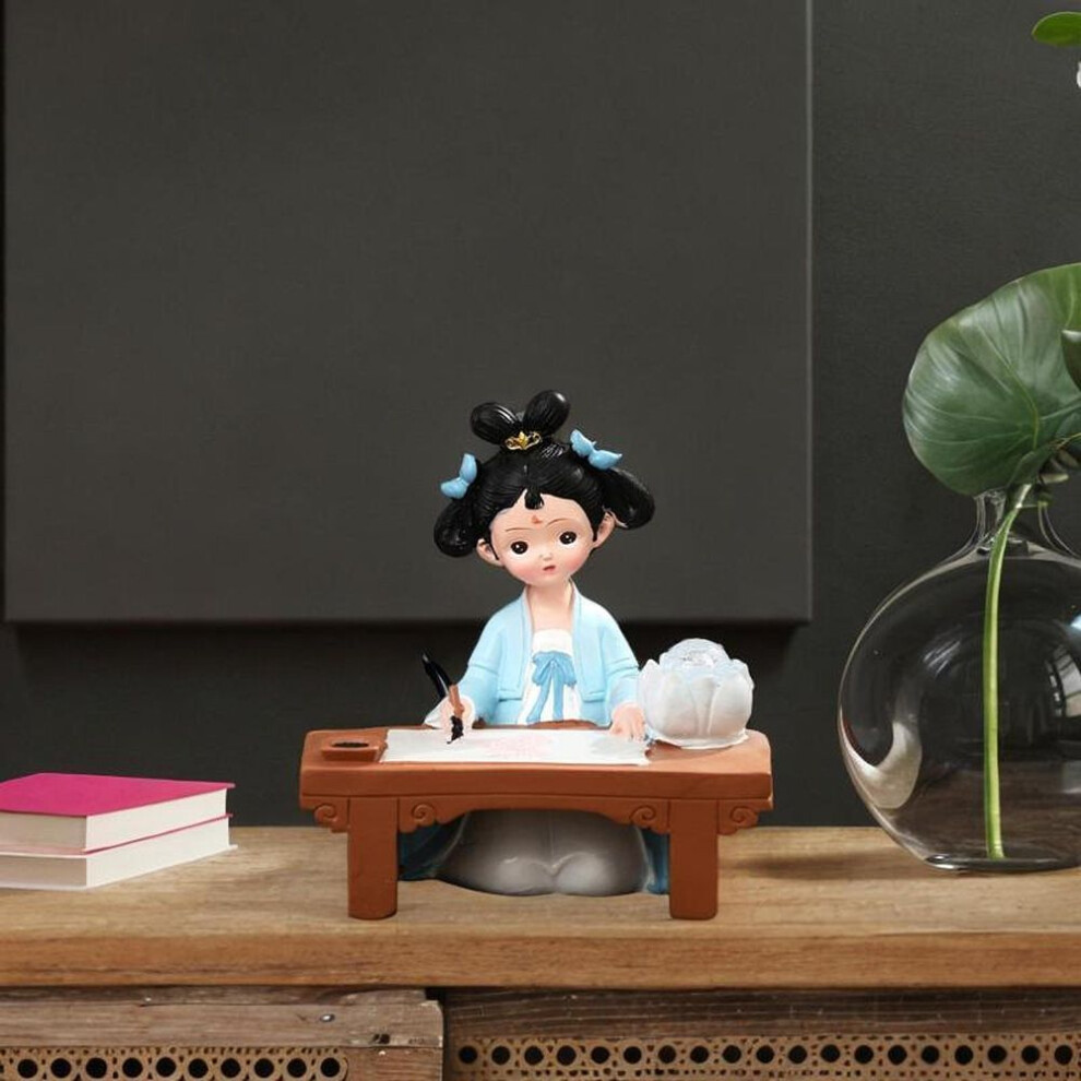 (blue) Girl Resin Statue Figurine with Light Folk Ethnic Decoration Doll Toy Gift Traditional Chinese