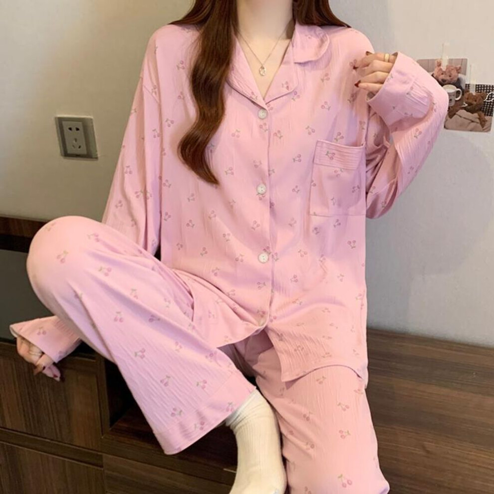 (L, pink) 2025 Spring Autumn Women's Pajamas Set Pink Stripe Bow Print Pyjamas For Women Long Sleeve Sleepwear Young Girl Leisure Nightwear Homewear