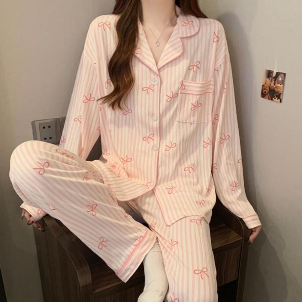 (M, as the picture) 2025 Spring Autumn Women's Pajamas Set Pink Stripe Bow Print Pyjamas For Women Long Sleeve Sleepwear Young Girl Leisure Nightwear Homewear
