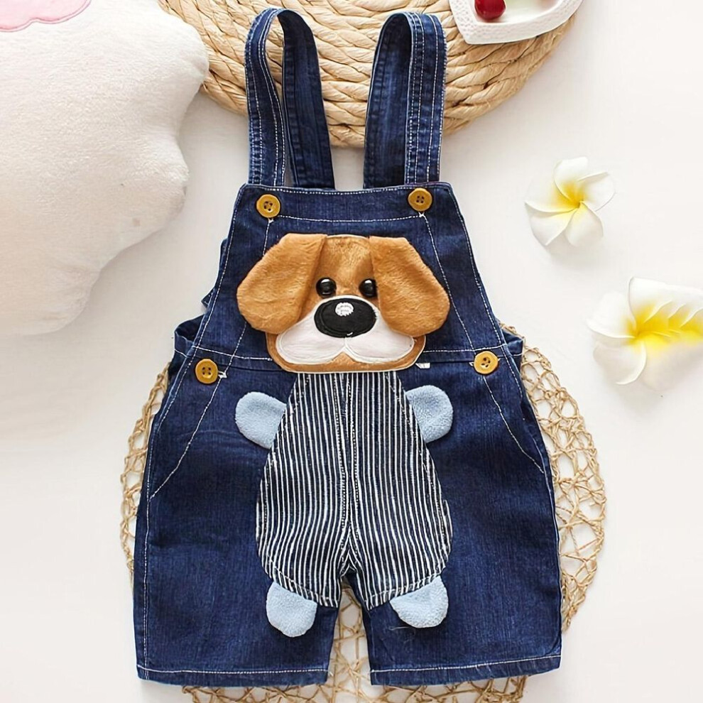 (as the picture, 18-24M) 9 Months To 3 Years Old Baby Boys Animal Print Striped Puppy Cowboy Straped Shorts Denim Overalls