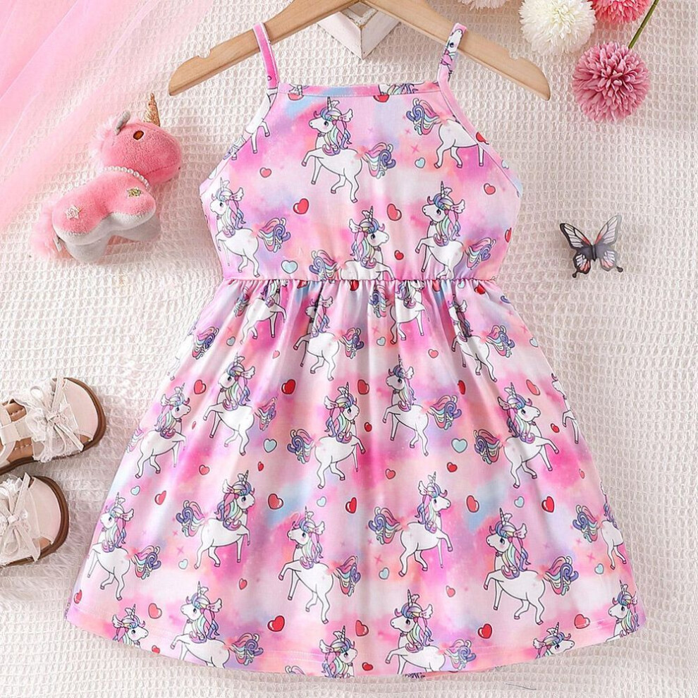 (as the picture, 90(1-2Y)) Dress For Kids 1-8 Years Old Unicorn Love Print Pink Halter Sleeveless Dress Ootd For Girl