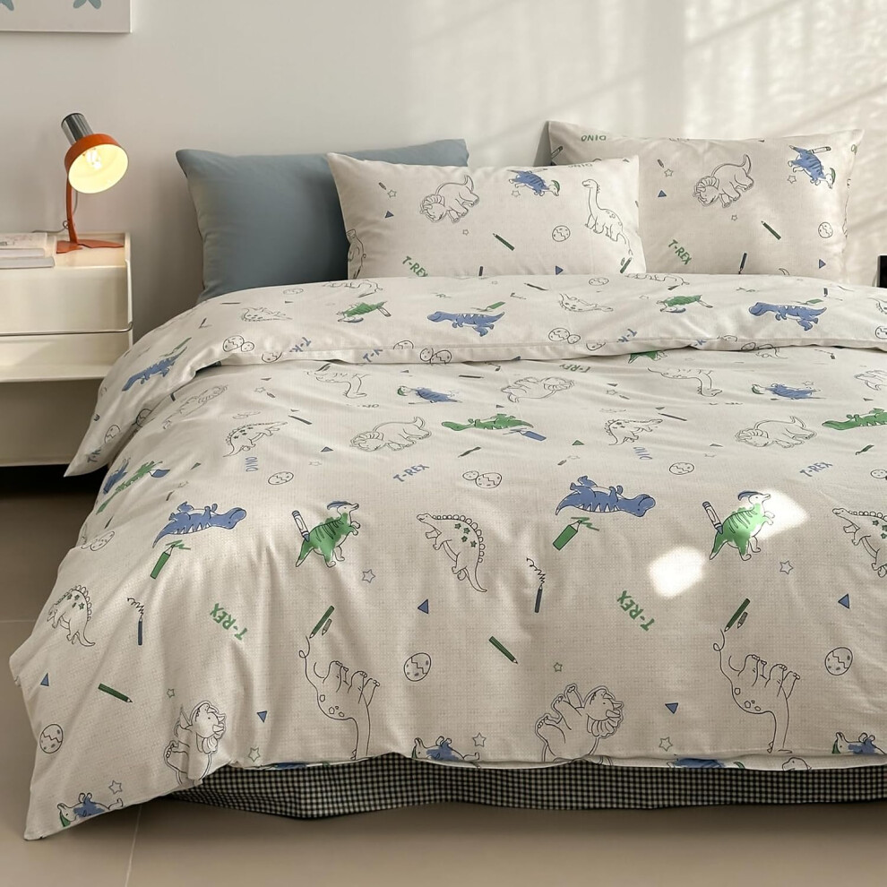 (Dino, Full/Queen (90x90 Inch)) LIWHENHAO Dinosaur Duvet Cover Set Queen 100% Cotton Bedding Cartoon Dino Print on Gray White 1 Kawaii Cute Animal Comforter Cover Full Z...