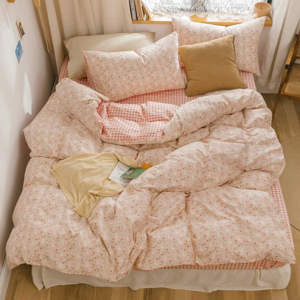 Rabbit Duvet Cover Set Twin 100% Cotton Bedding for Kids Boys Girls Teens Single Bed Cartoon Bunny Garden Floral on Pink 1 Reversible Che...