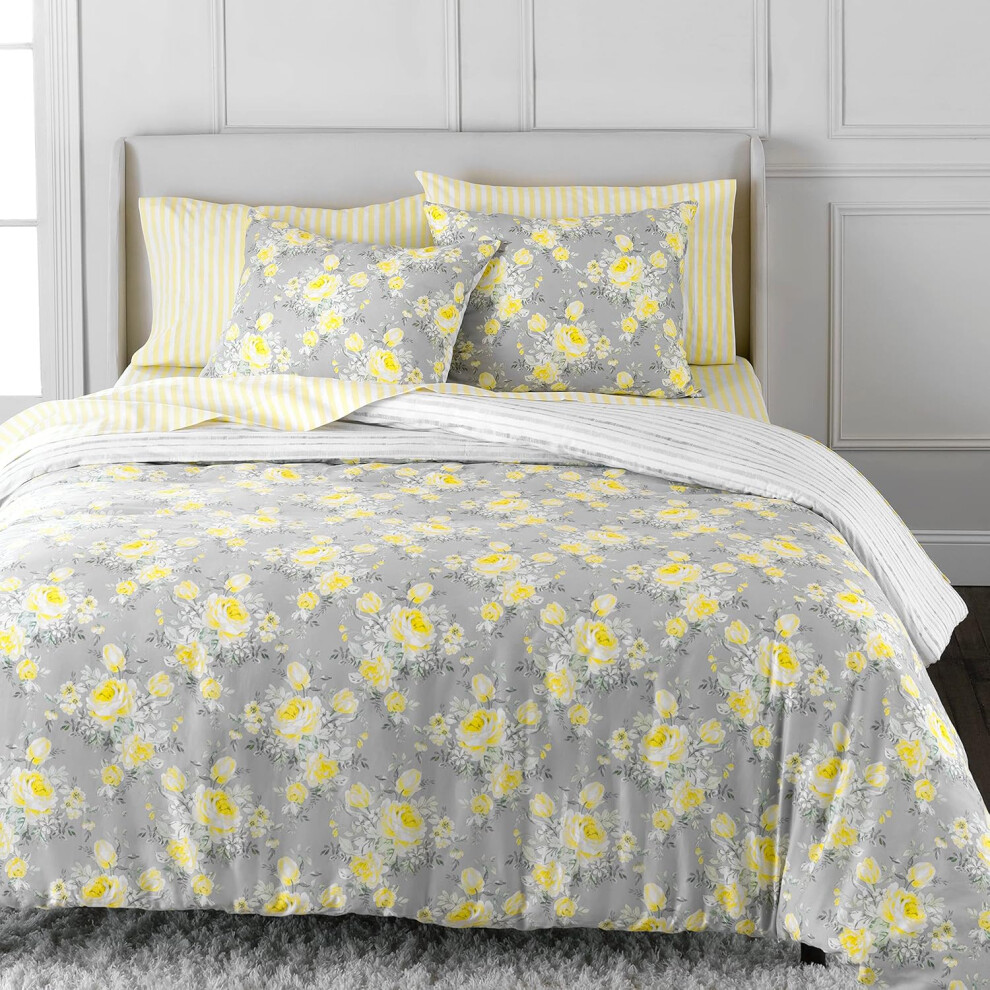 (Grey / Yellow, Queen) Martha Stewart Mariel Duvet Cover Queen Size, 3 Piece Set-1 Duvet Cover, 2 Pillow Shams, Cotton-Sateen, Soft, Reversible, Easy Wash, All ...
