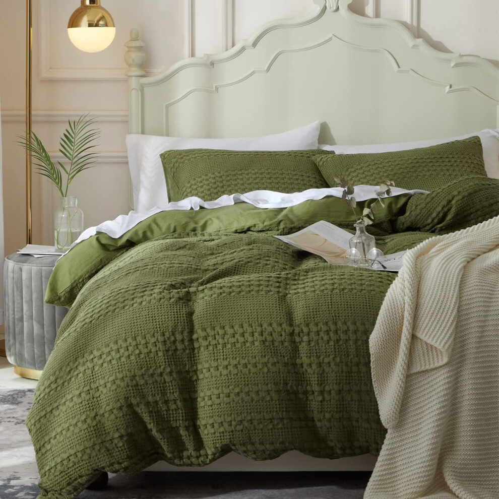 (Extra Pillowcases-oatmeal, 51 x 51 cm (Pack of 2)) Ivellow Waffle Weave Duvet Cover Set 100% Cotton Duvet Cover Boho Textured Olive Sage Green Cozy Soft Breathable Queen Duvet Cover Skin-F...