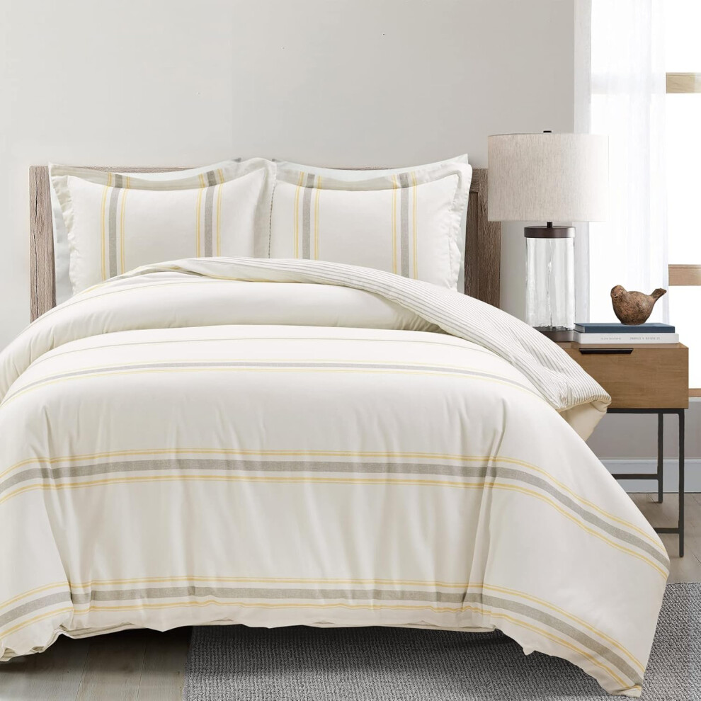 (Yellow & Gray, Full/Queen) Lush Decor Farmhouse Stripe Reversible 100% Cotton Duvet Cover Set - 3 Piece Cozy Pinstripe Bedding Set - Classic Modern Rustic Charm Bed...