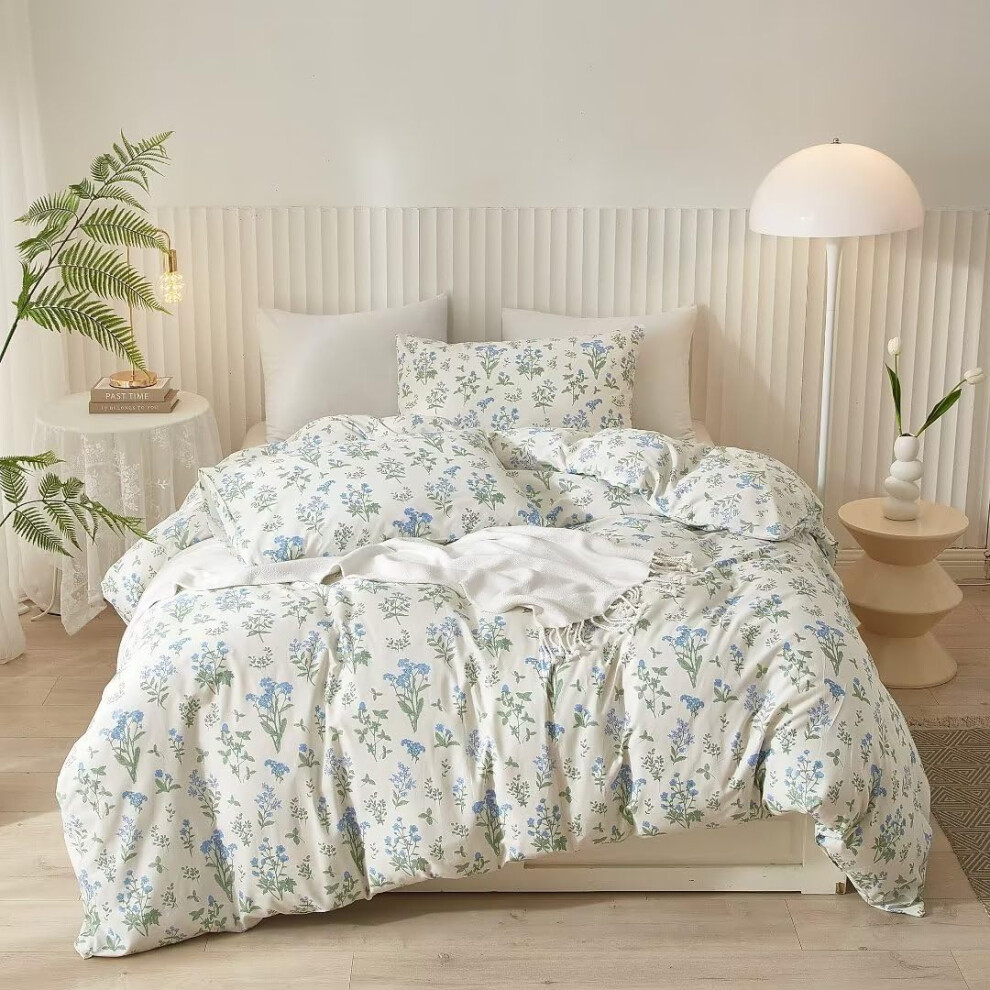 (Blue Floral, Full/Queen) Mucalis Floral Duvet Cover King 100% Cotton White Floral Printed Duvet Cover Set Botanical Blue Flowers 3 Piece Bedding Set with Zipper C...