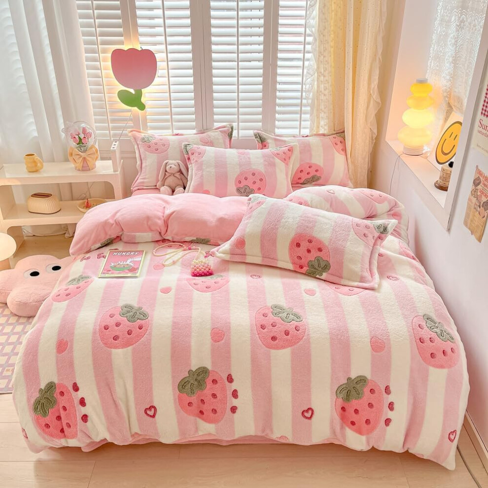 (Strawberry, Twin) Pink Strawberry Kids Duvet Cover Set Cute Kawaii Bedding Set Twin Size Snowflake Fluffy Comforter Cover Blanket Soft Reversible Duvet Cov...