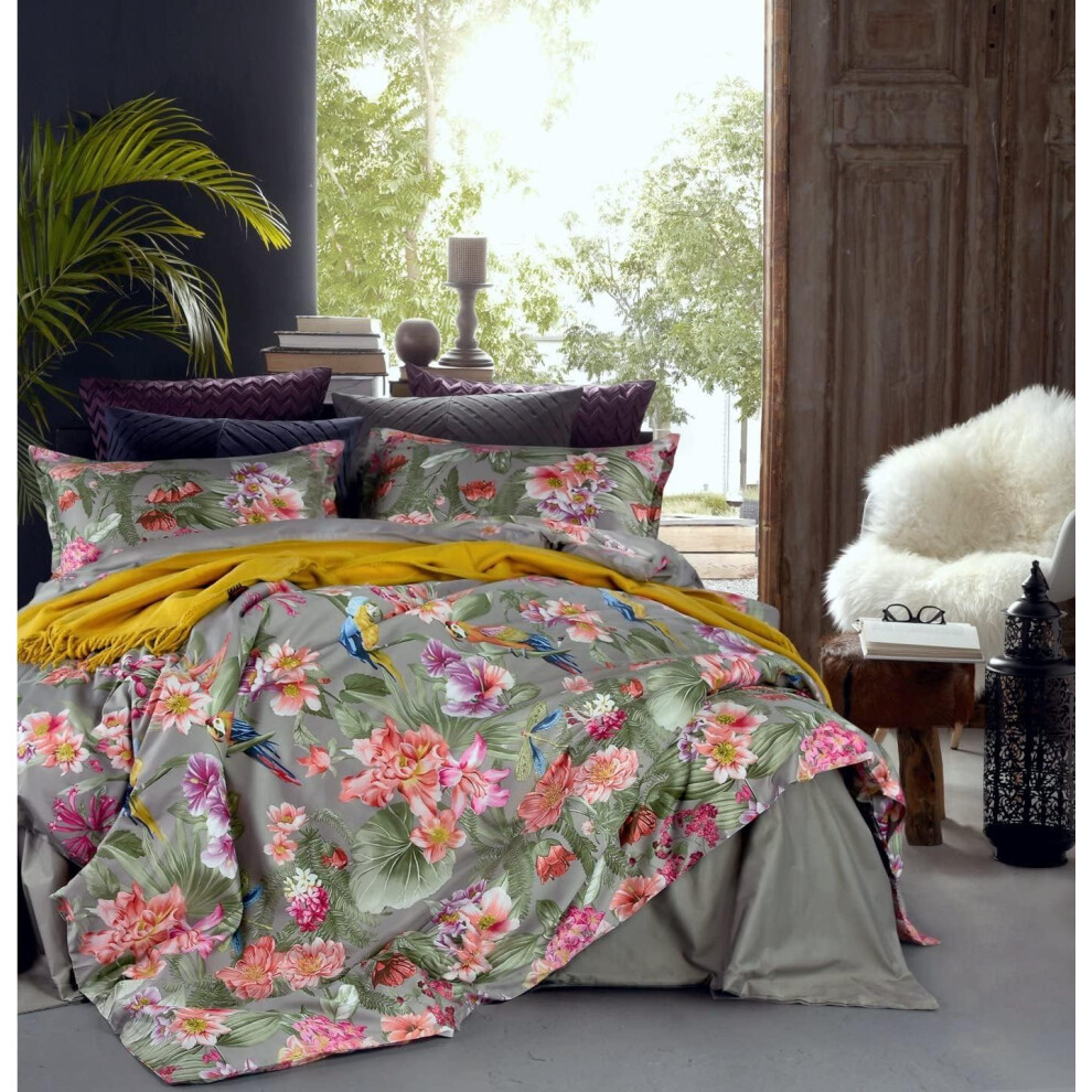 (Taupe, Twin) Eikei Vintage Botanical Flower Print Bedding 400tc Cotton Sateen Romantic Floral Scarf Duvet Cover 3pc Set Colorful Antique Drawing of Su...