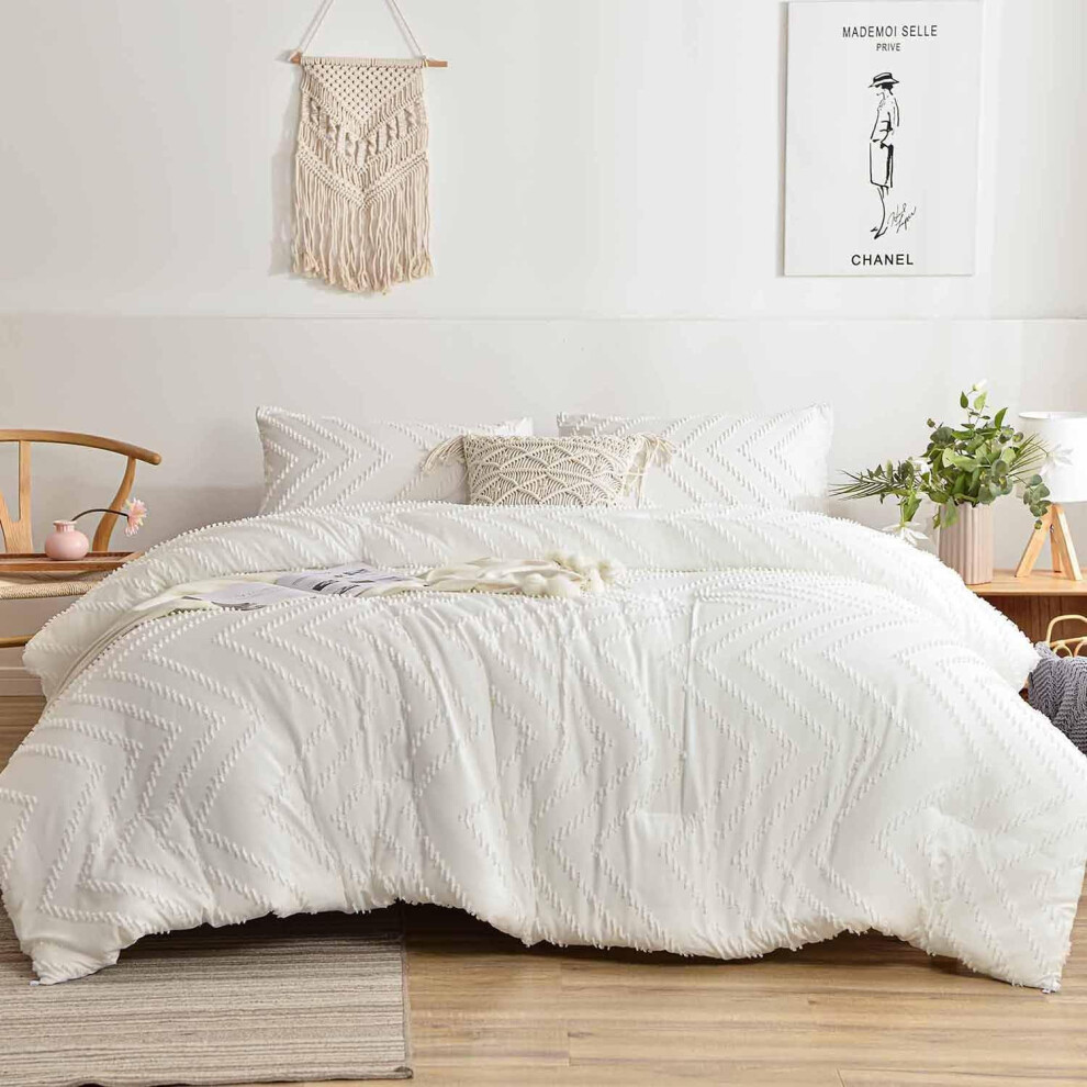 (Cover(not Comforter)-white Tufted, King) Nanko King Size Duvet Cover White, 3pc Boho Tufted Microfiber Bedding Comforter Cover Set for All Season, Aesthetic Shabby Chic Soft Embr...