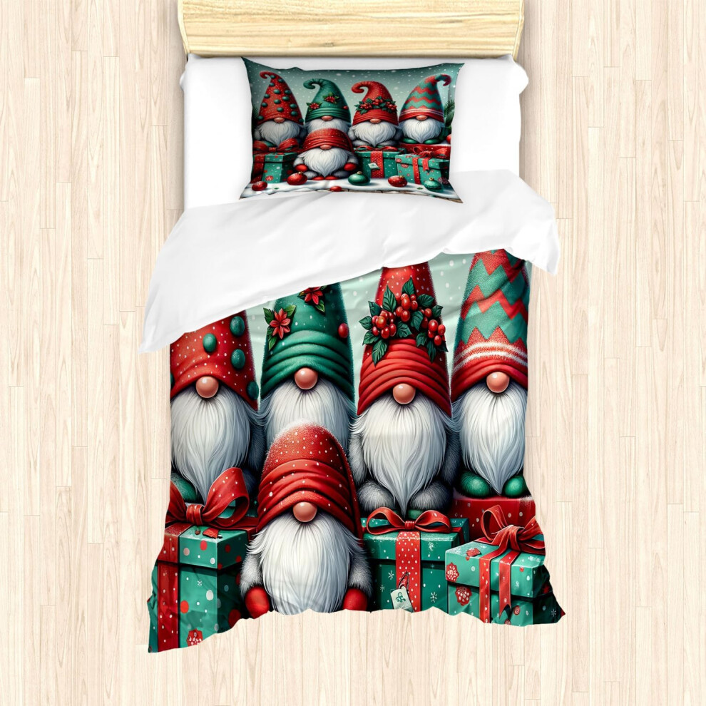 (Blue Navy, Queen) Christmas Duvet Cover Set, Xmas Gnomes with Long White Beard Snowy Scene Cartoonish Print, Decorative 2 Piece Bedding Set with 1 Pillow S...