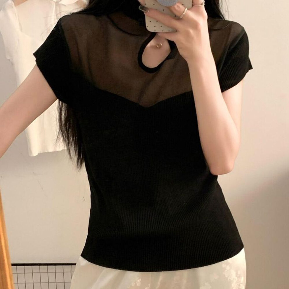(One Size, black) Tank Tops Women 2025 Summer Sleeveless Stand Collar Black Knitted Tank Tops Camis Women Tops Jj192