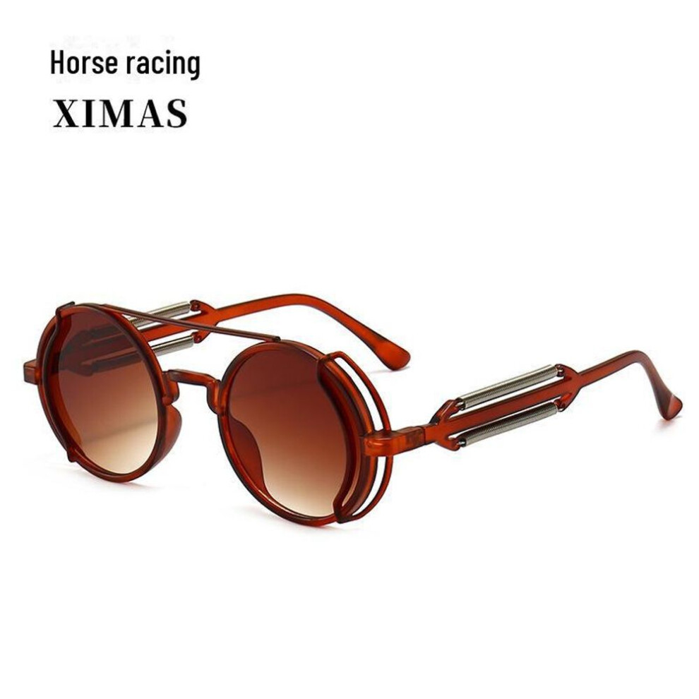 (as the picture, Tea leaves) European And American Punk-style Round Frame Sunglasses With Colorful Double Spring Legs