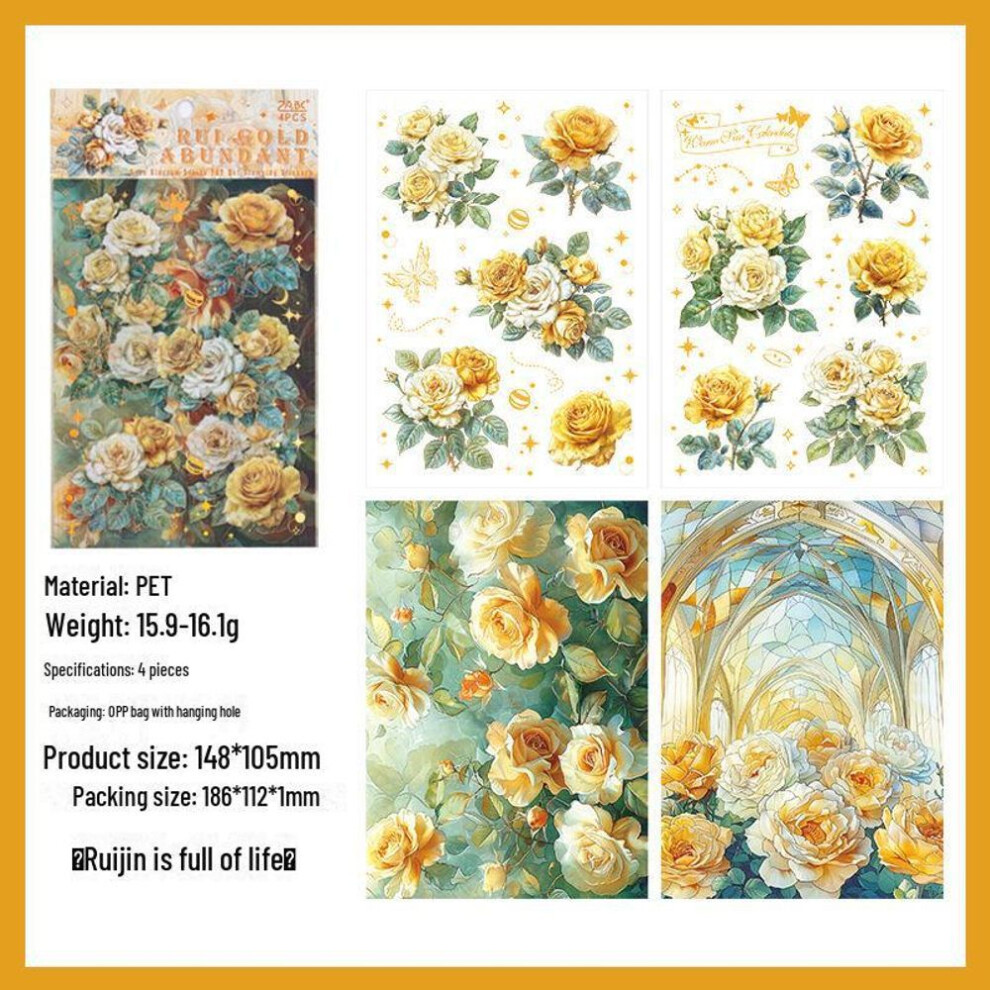 (as the picture, 4 pieces) Rose Blossom Hot Stamping Waterproof Pet Stickers - Set Of 4 Retro Flower Handbook Decor
