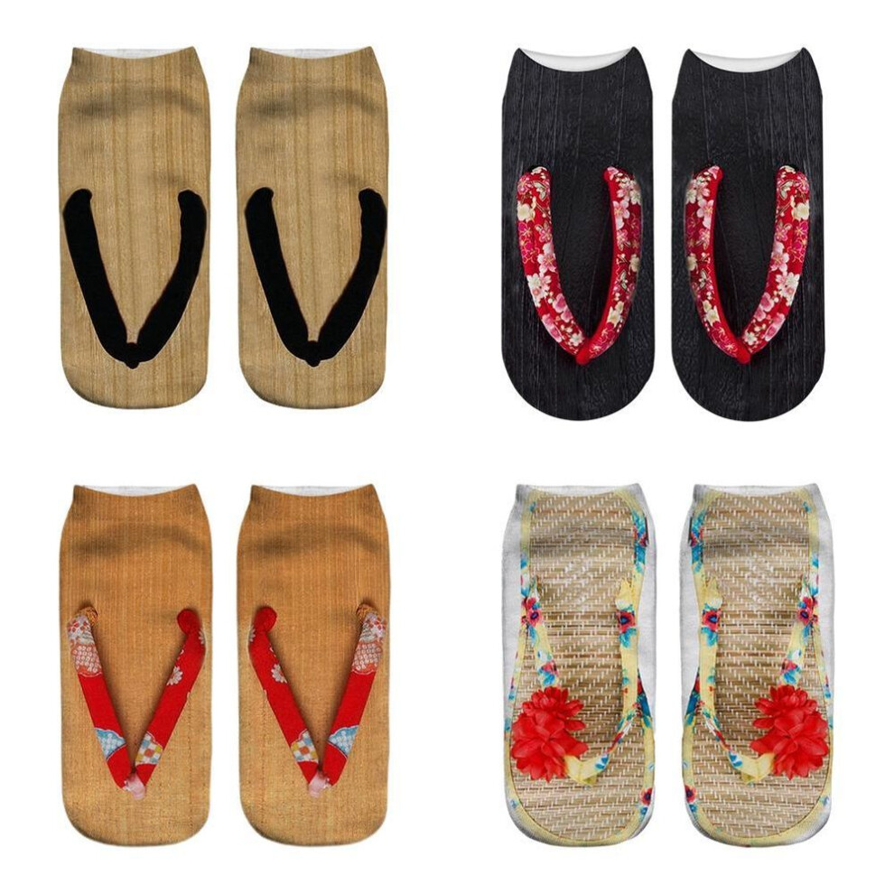 (Lust 13+16+17+19) 4 Pairs Funny Flip Flop Manicure Print Socks 3D Pattern Socks Sandal Printed Socks Low Cut Ankle