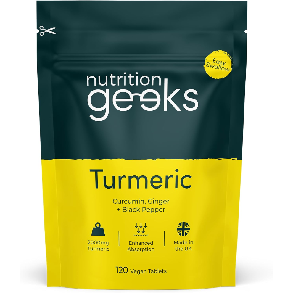 Nutrition Geeks Turmeric Tablets 2000Mg With Pepper & Ginger | 120 High Strength Curcumin Supplements | Easy Swallow Tablets (Not Black