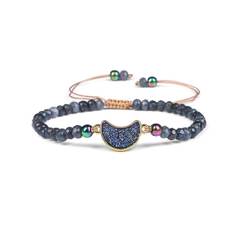(Dark Gray) Natural Stone Bead Bracelet For Women With Crystal Clusters Adjustable Braided Bracelet Gift Grey