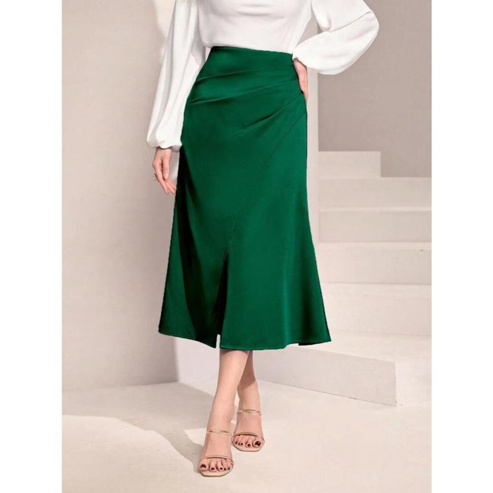 (L, green) Women's Solid Color High Waist Split Zipper Fish Tail Wrap Hip Long Skirt