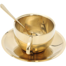 Luxe set van 3 mokken voor koffie en thee, roestvrij staal met theelepel, kopje, schotel, goudkleurig, eenvoudig en stijlvol