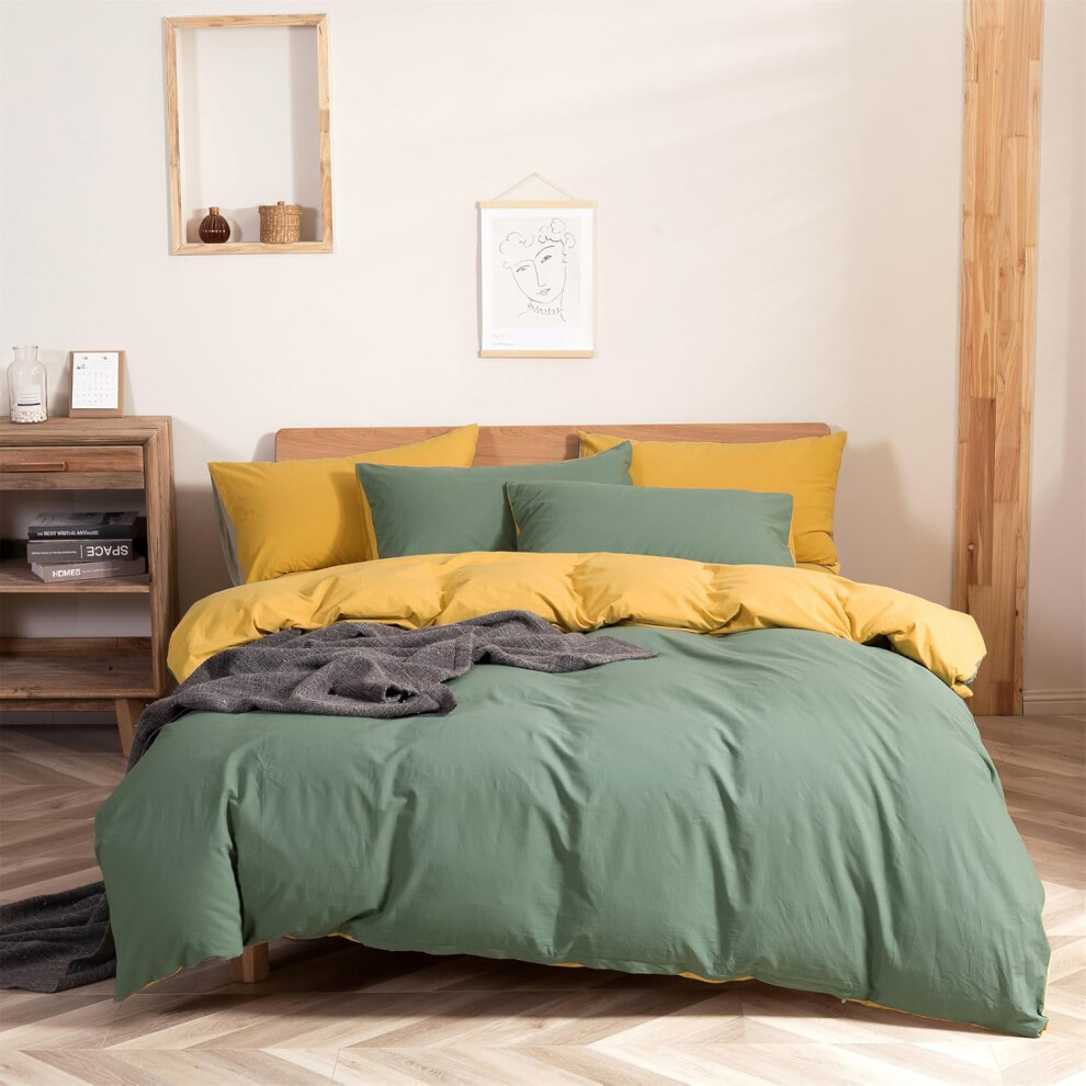 (White, King (No Comforter)) YASMENG 3pcs Dark Green Duvet Cover Set King Size 100% Washed Cotton Bedding Modern Minimalism Green Yellow Reversible Comforter Cover So...