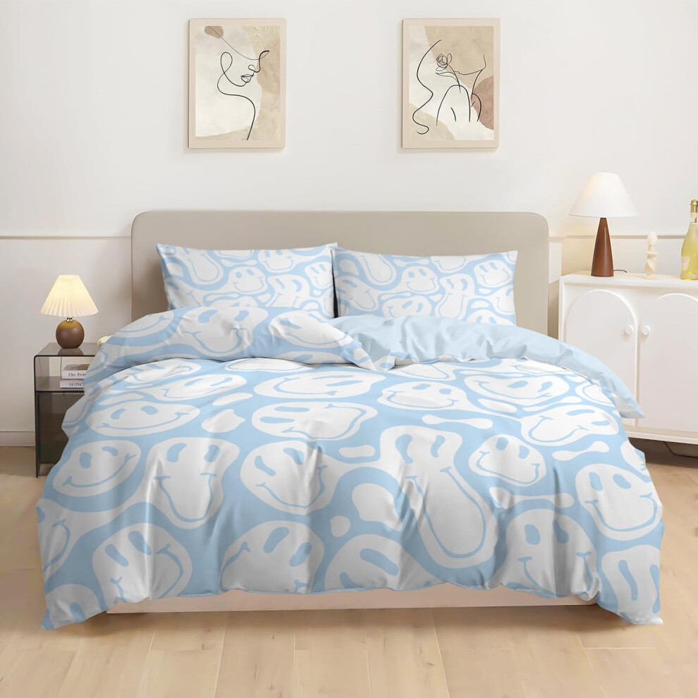 (Light Blue Smiley, Queen (90"*90")) Kid's Duvet Cover Twin Size, Retro Hippie Beddding Set, 2PCS Soft Microfiber Bedding Set with Zipper Closure&Corner Ties, Girl Bedding wi...