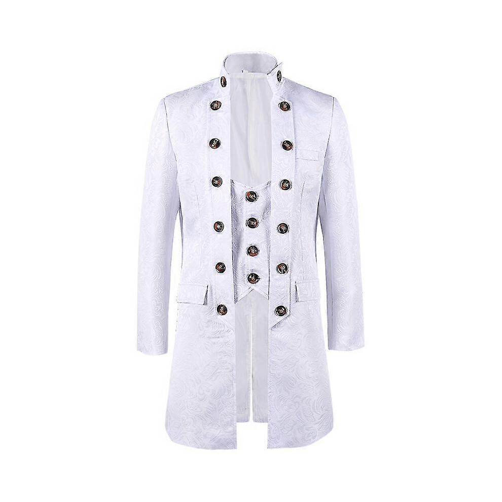 (M, White) Mens Overcoat Steampunk Vintage Coat Gothic Victorian Frock Carnival Costume