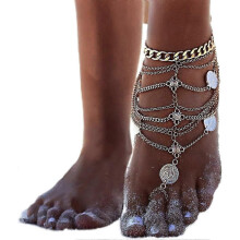(1pcs, Gold) Bohemia Multilayer Anklet Chain Gold Coin Rune Pendant Tassels Barefoot Sandals Beach Wedding Party Foot Boho Jewelry for Women Girls Accessories
