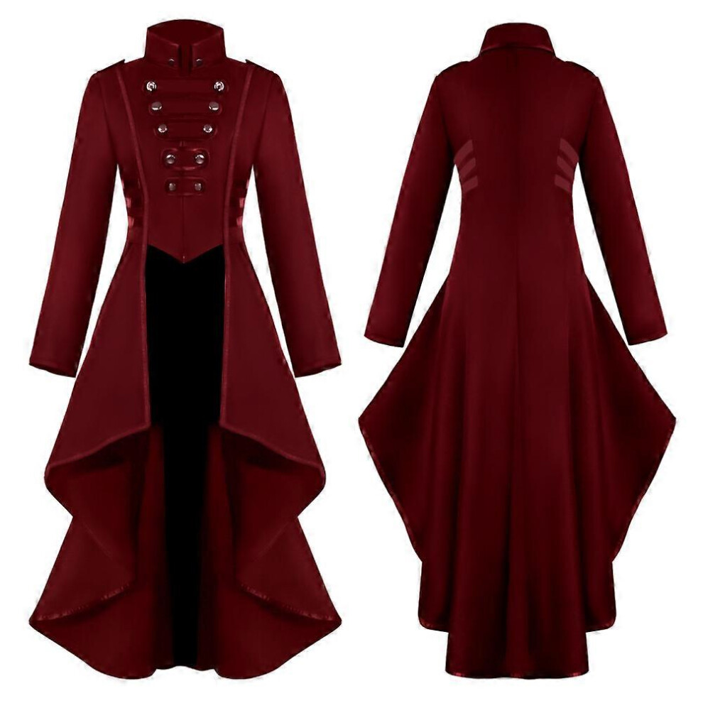 (M, Red) Retro Women Gothic Steampunk Button Corset Costume Coat Medieval Jacke