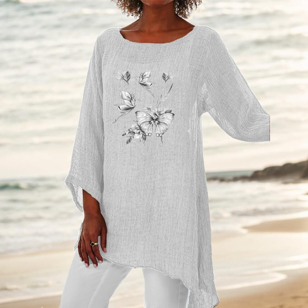 (M, white) Women Fashion 3/4 Sleeve Top Round Neck Print Plus Size Blouse Thin Cotton Linen Shirt