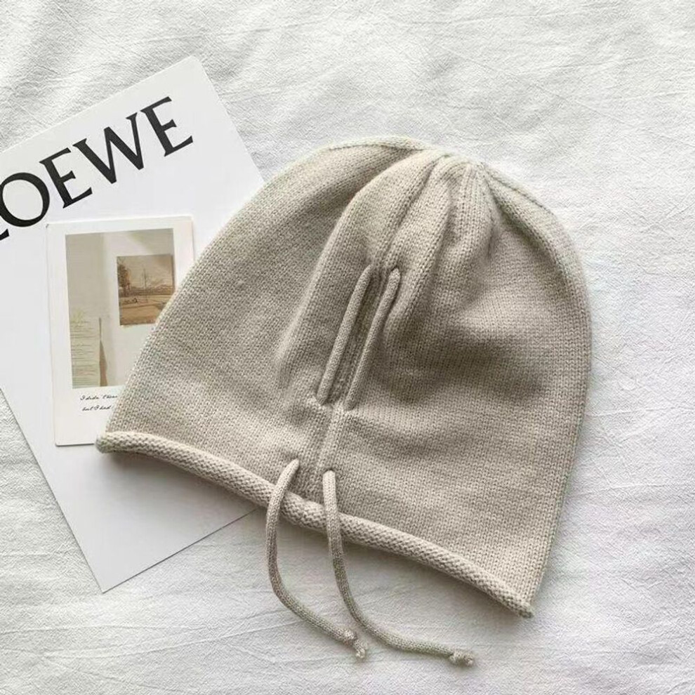 (beige, Thick) Women's Autumn & Winter Knitted Baotou Hat with Curled Edge & Earmuffs - Warm, All-match, Cold-proof Design