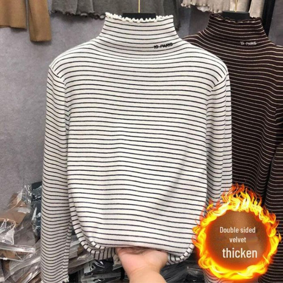 (3XL, white) Women's Striped Velvet Turtleneck - Warm, Long-sleeve, Double-sided Shirt For Fall/winter 2024